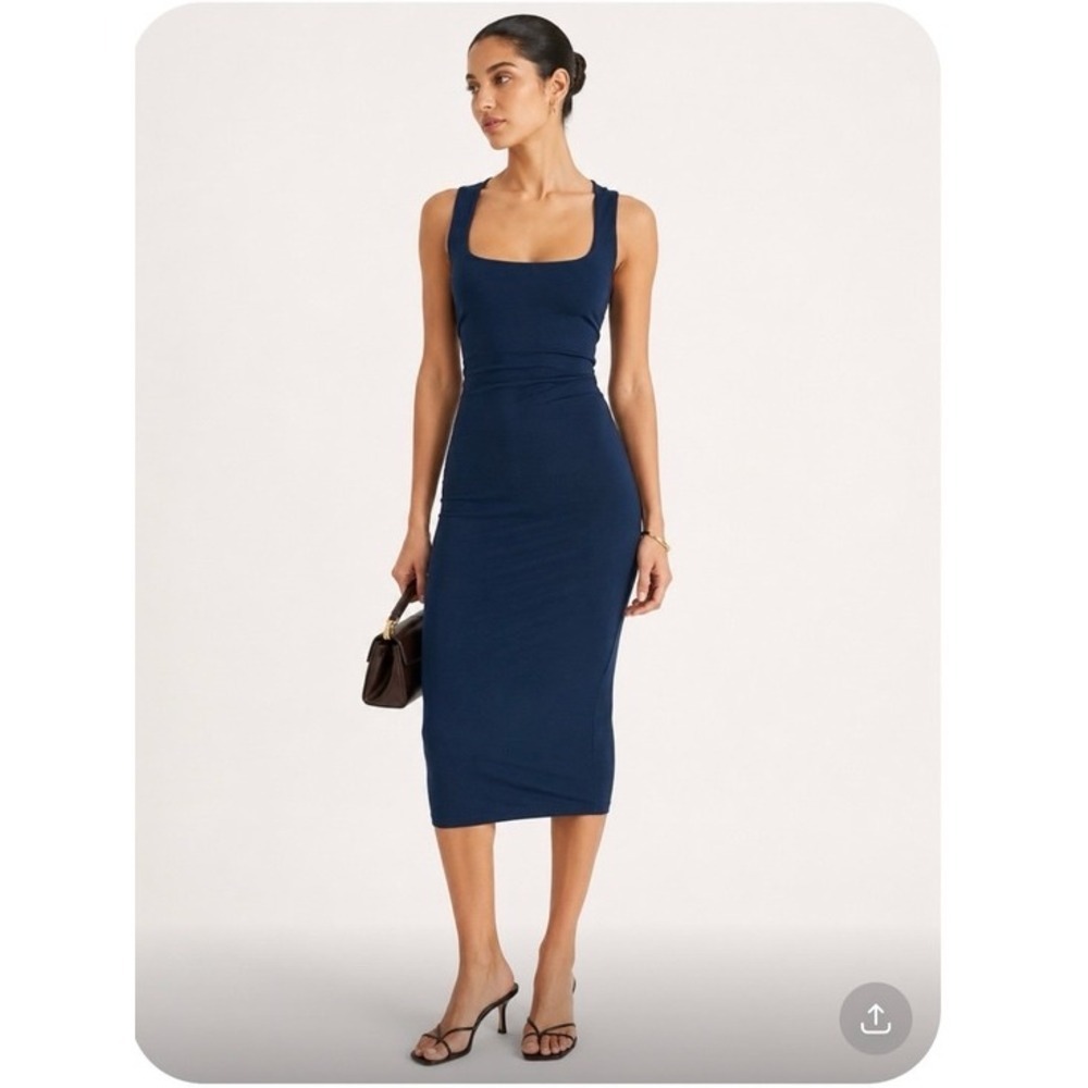 NWT superdown Bodycon Midi Dress Womens Navy Blue Square Neck Sleeveless Small